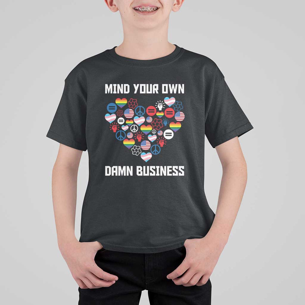 Harris Walz 2024 T Shirt For Kid Mind Your Own Damn Business Unity LGBT American Flag TS11 Black Print Your Wear