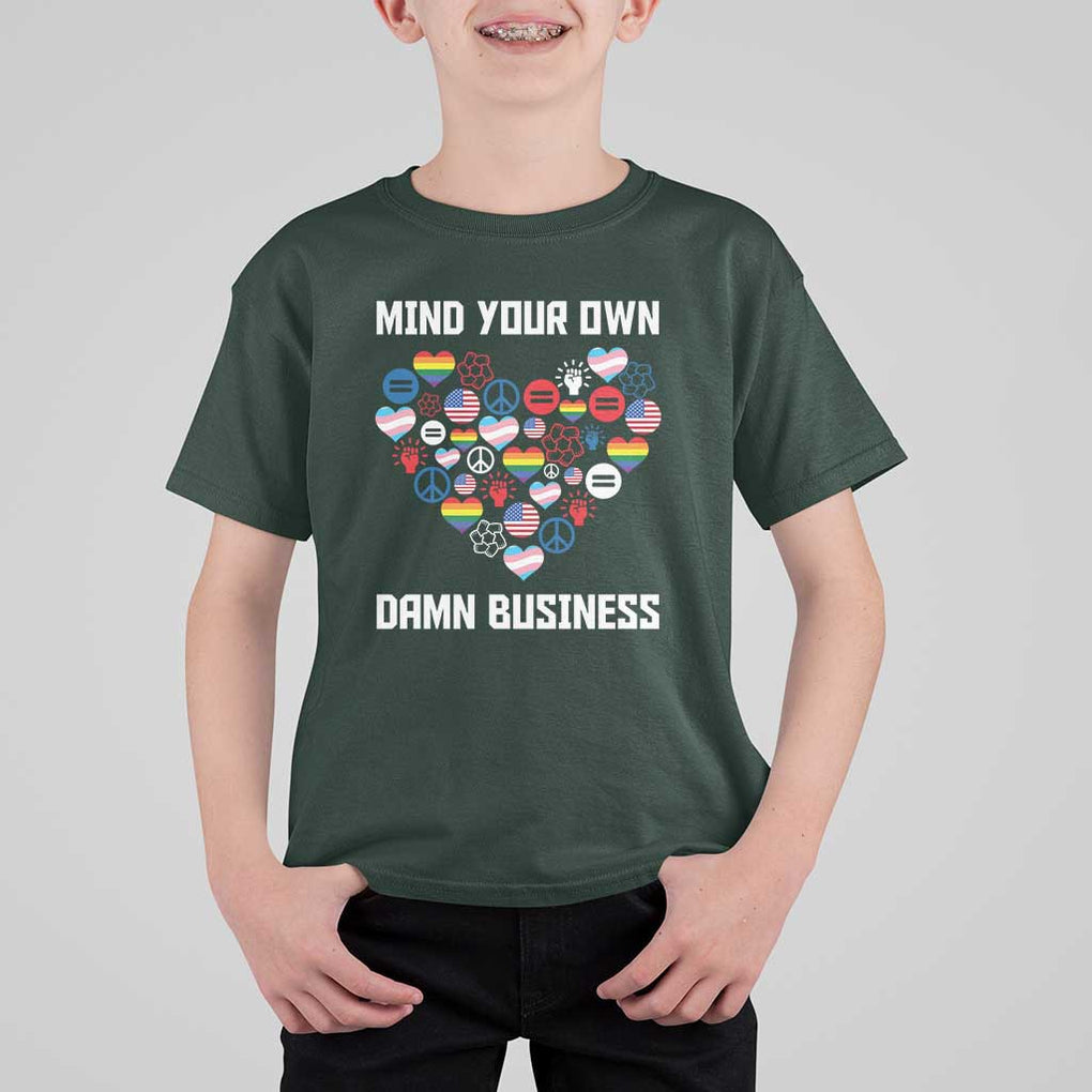 Harris Walz 2024 T Shirt For Kid Mind Your Own Damn Business Unity LGBT American Flag TS11 Dark Forest Green Print Your Wear