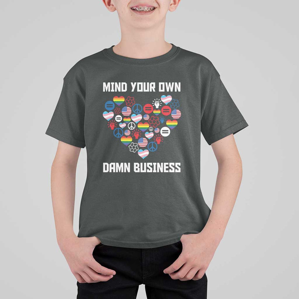 Harris Walz 2024 T Shirt For Kid Mind Your Own Damn Business Unity LGBT American Flag TS11 Dark Heather Print Your Wear