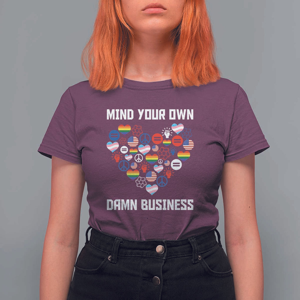 Harris Walz 2024 T Shirt For Women Mind Your Own Damn Business Unity LGBT American Flag TS11 Maroon Print Your Wear