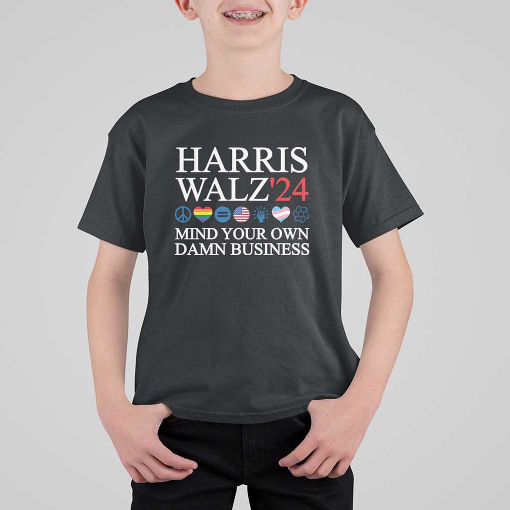 Harris Walz'24 T Shirt For Kid Mind Your Own Damn Business American LGBT Flag Unity Heart TS11 Black Print Your Wear