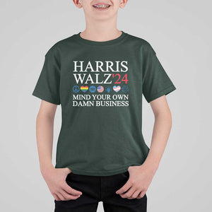 Harris Walz'24 T Shirt For Kid Mind Your Own Damn Business American LGBT Flag Unity Heart TS11 Dark Forest Green Print Your Wear
