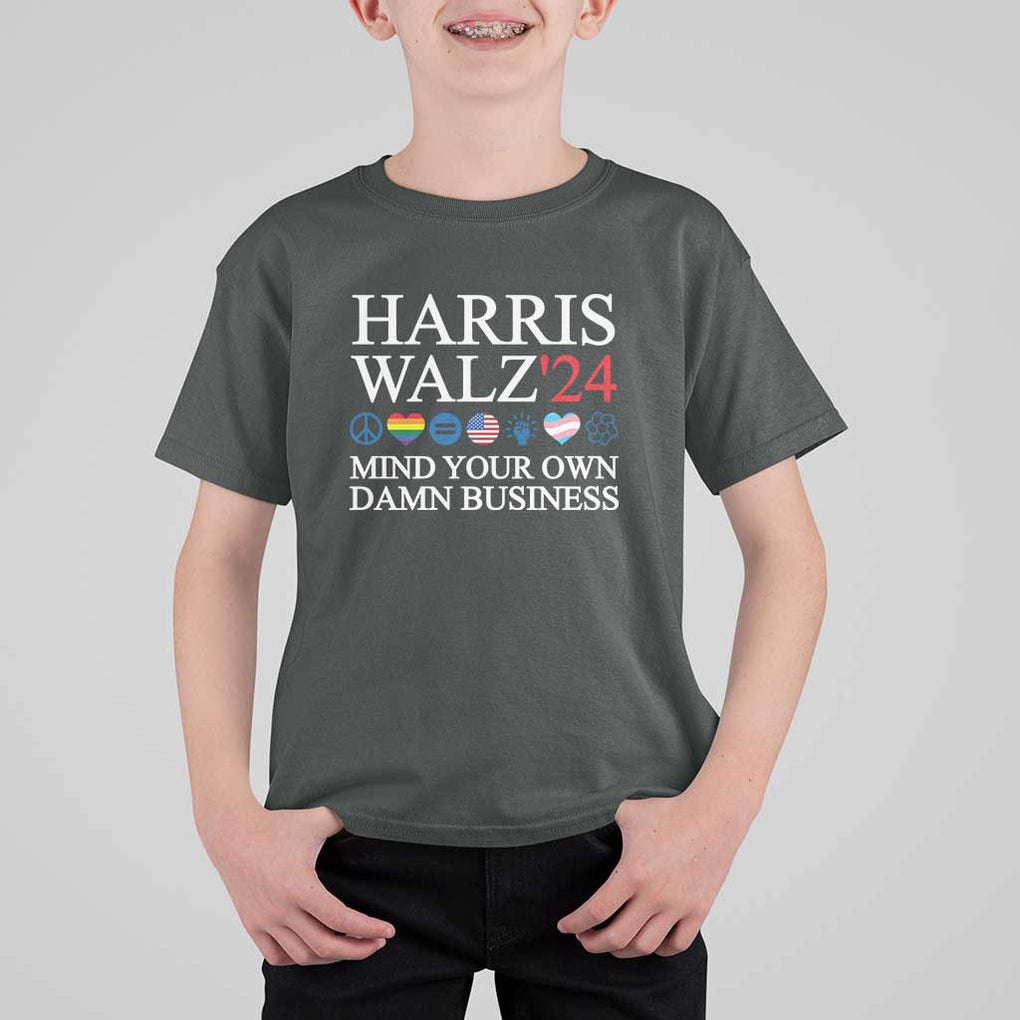 Harris Walz'24 T Shirt For Kid Mind Your Own Damn Business American LGBT Flag Unity Heart TS11 Dark Heather Print Your Wear