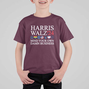 Harris Walz'24 T Shirt For Kid Mind Your Own Damn Business American LGBT Flag Unity Heart TS11 Maroon Print Your Wear