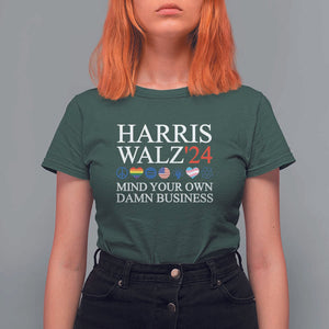 Harris Walz'24 T Shirt For Women Mind Your Own Damn Business American LGBT Flag Unity Heart TS11 Dark Forest Green Print Your Wear