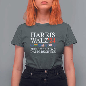 Harris Walz'24 T Shirt For Women Mind Your Own Damn Business American LGBT Flag Unity Heart TS11 Dark Heather Print Your Wear