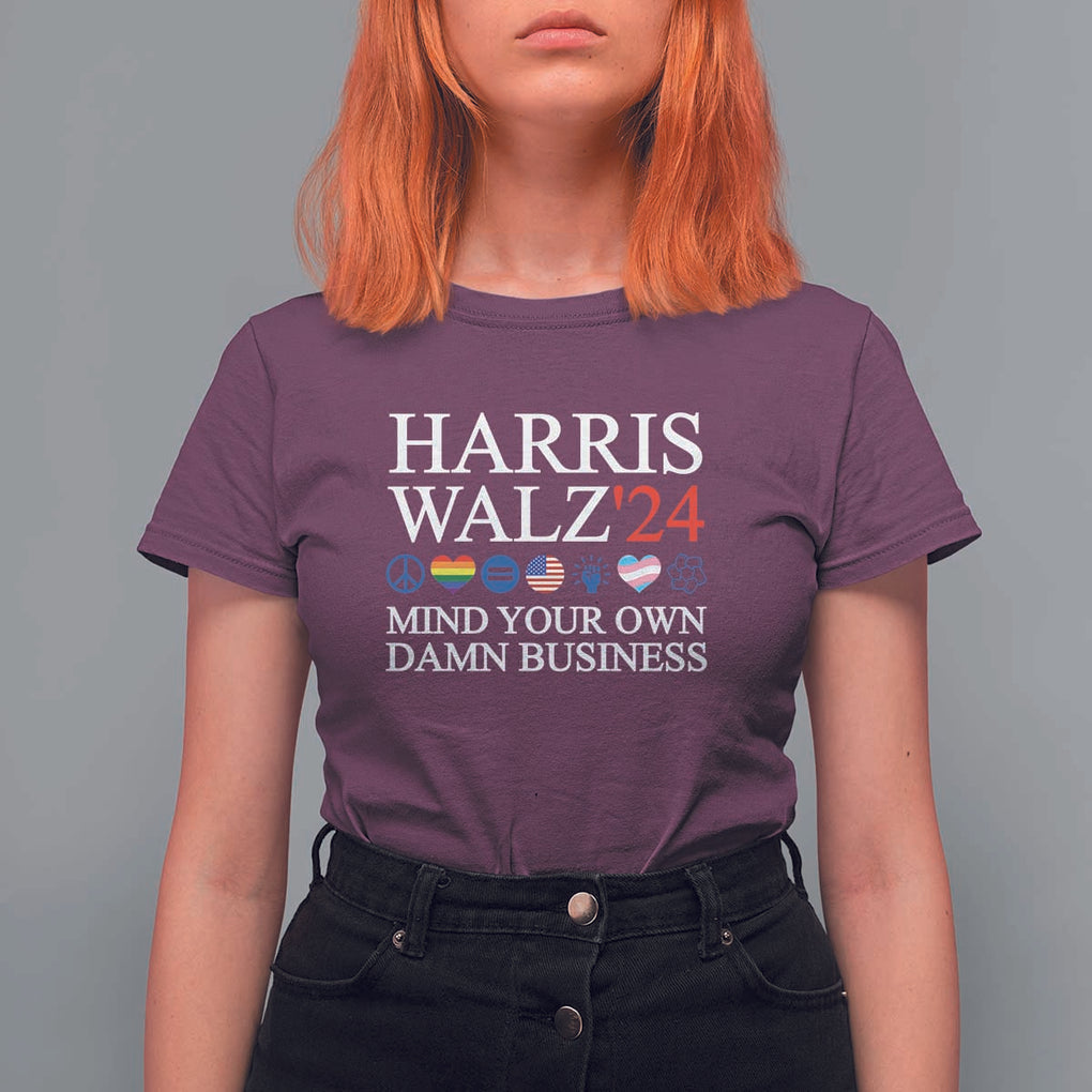 Harris Walz'24 T Shirt For Women Mind Your Own Damn Business American LGBT Flag Unity Heart TS11 Maroon Print Your Wear