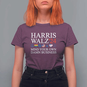 Harris Walz'24 T Shirt For Women Mind Your Own Damn Business American LGBT Flag Unity Heart TS11 Maroon Print Your Wear