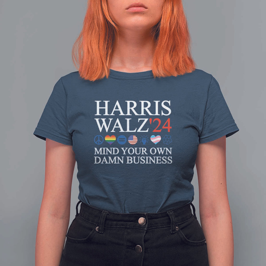 Harris Walz'24 T Shirt For Women Mind Your Own Damn Business American LGBT Flag Unity Heart TS11 Navy Print Your Wear