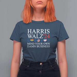 Harris Walz'24 T Shirt For Women Mind Your Own Damn Business American LGBT Flag Unity Heart TS11 Navy Print Your Wear