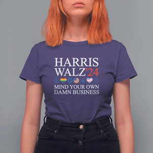 Harris Walz'24 T Shirt For Women Mind Your Own Damn Business American LGBT Flag Unity Heart TS11 Purple Print Your Wear