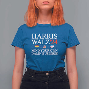 Harris Walz'24 T Shirt For Women Mind Your Own Damn Business American LGBT Flag Unity Heart TS11 Royal Blue Print Your Wear