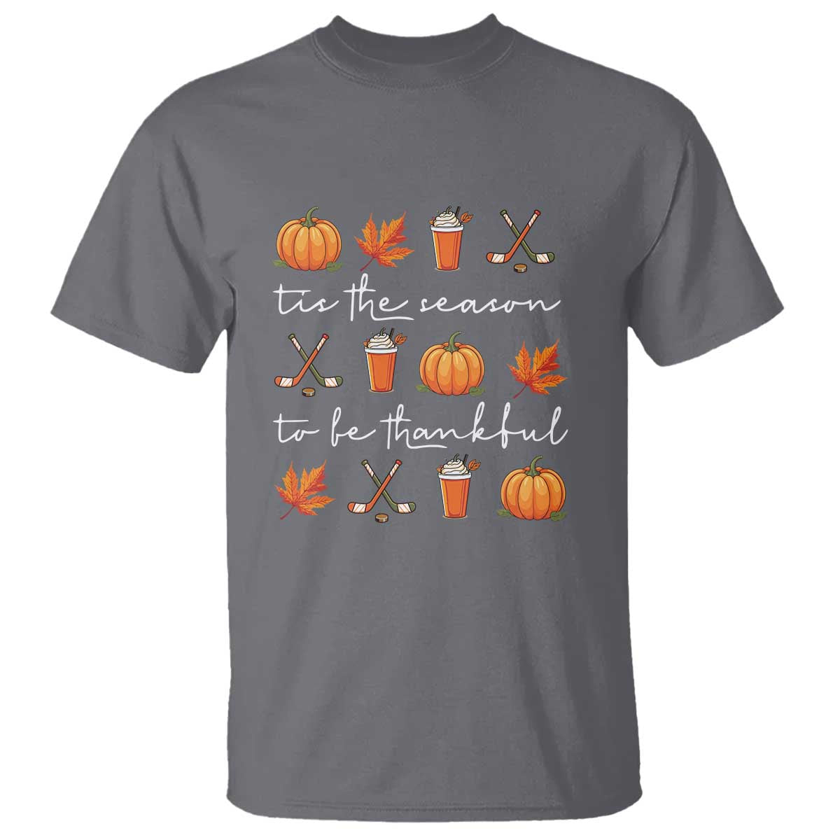 Thanksgiving Day T Shirt Tis The Season To Be Thankful Pumpkin Ice Hockey Maple Leaf TS11 Charcoal Print Your Wear