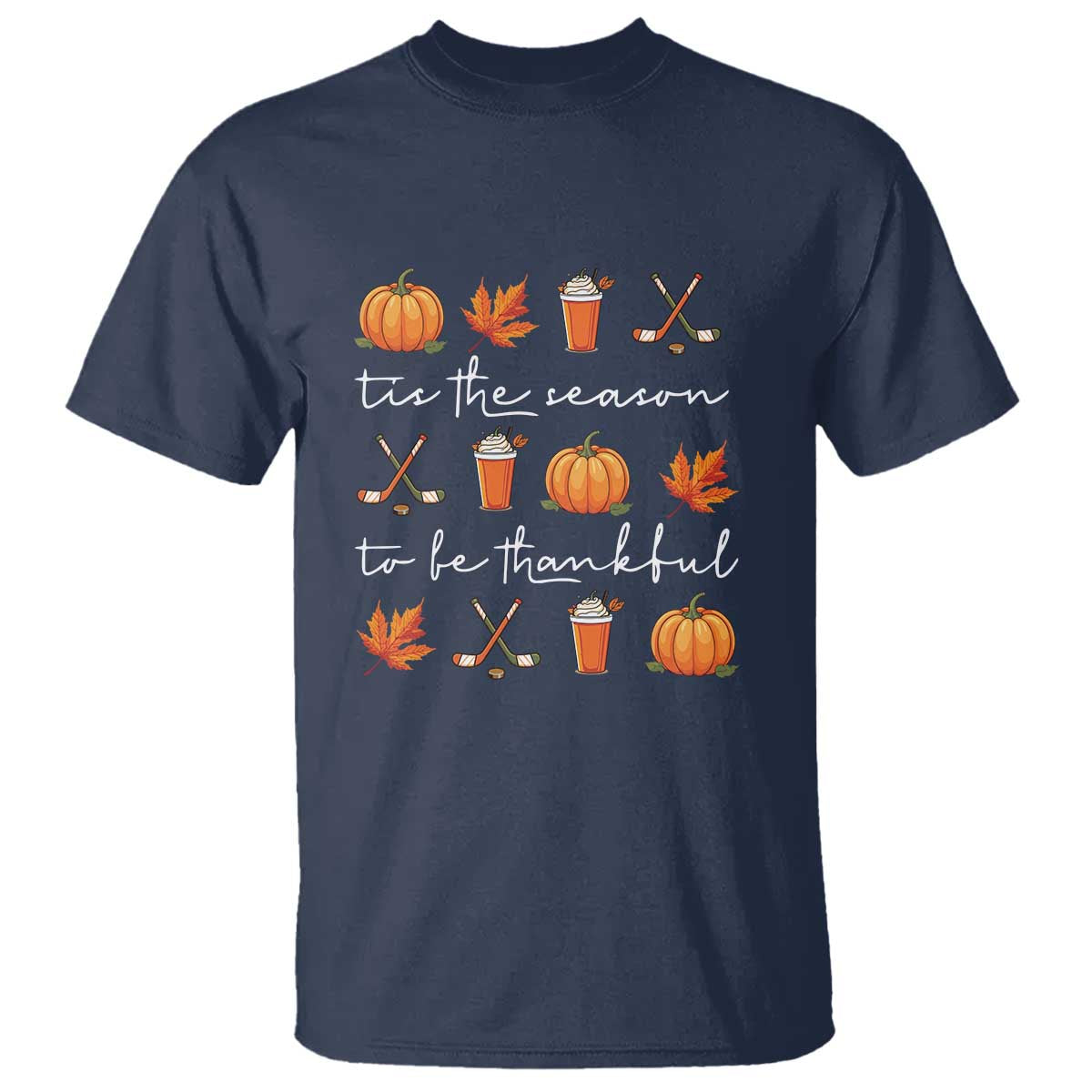 Thanksgiving Day T Shirt Tis The Season To Be Thankful Pumpkin Ice Hockey Maple Leaf TS11 Navy Print Your Wear