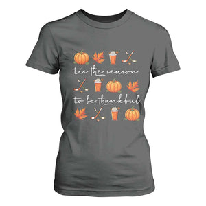 Thanksgiving Day T Shirt For Women Tis The Season To Be Thankful Pumpkin Ice Hockey Maple Leaf TS11 Dark Heather Print Your Wear