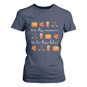 Thanksgiving Day T Shirt For Women Tis The Season To Be Thankful Pumpkin Ice Hockey Maple Leaf TS11 Navy Print Your Wear
