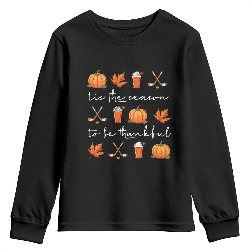 Thanksgiving Day Youth Sweatshirt Tis The Season To Be Thankful Pumpkin Ice Hockey Maple Leaf TS11 Black Print Your Wear