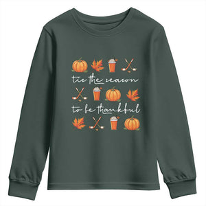Thanksgiving Day Youth Sweatshirt Tis The Season To Be Thankful Pumpkin Ice Hockey Maple Leaf TS11 Dark Forest Green Print Your Wear