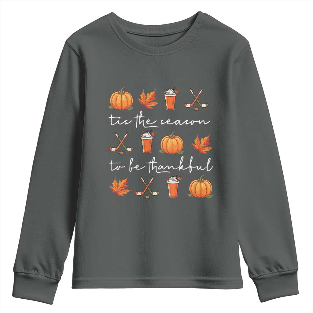 Thanksgiving Day Youth Sweatshirt Tis The Season To Be Thankful Pumpkin Ice Hockey Maple Leaf TS11 Dark Heather Print Your Wear