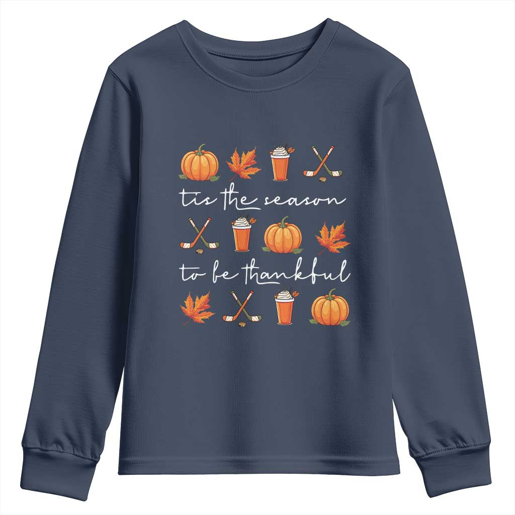 Thanksgiving Day Youth Sweatshirt Tis The Season To Be Thankful Pumpkin Ice Hockey Maple Leaf TS11 Navy Print Your Wear