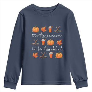 Thanksgiving Day Youth Sweatshirt Tis The Season To Be Thankful Pumpkin Ice Hockey Maple Leaf TS11 Navy Print Your Wear