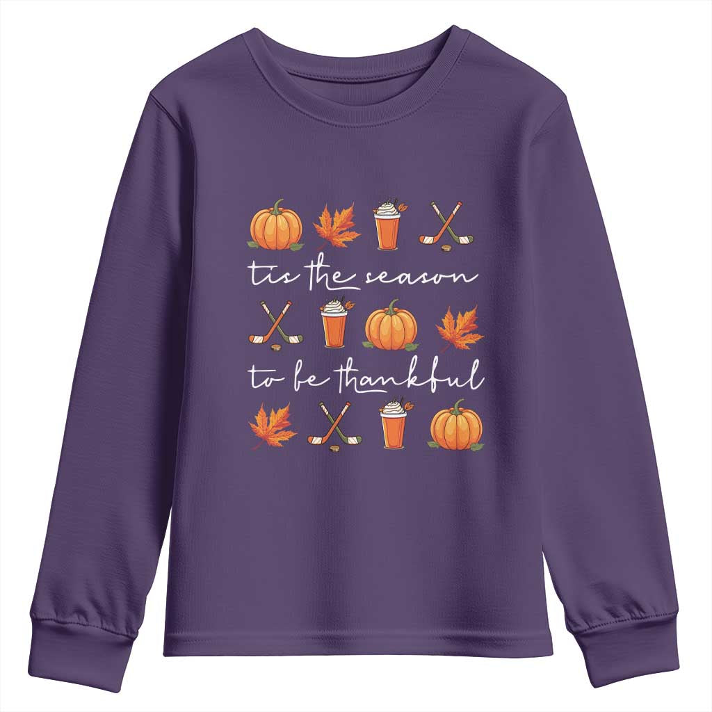 Thanksgiving Day Youth Sweatshirt Tis The Season To Be Thankful Pumpkin Ice Hockey Maple Leaf TS11 Purple Print Your Wear