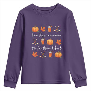 Thanksgiving Day Youth Sweatshirt Tis The Season To Be Thankful Pumpkin Ice Hockey Maple Leaf TS11 Purple Print Your Wear