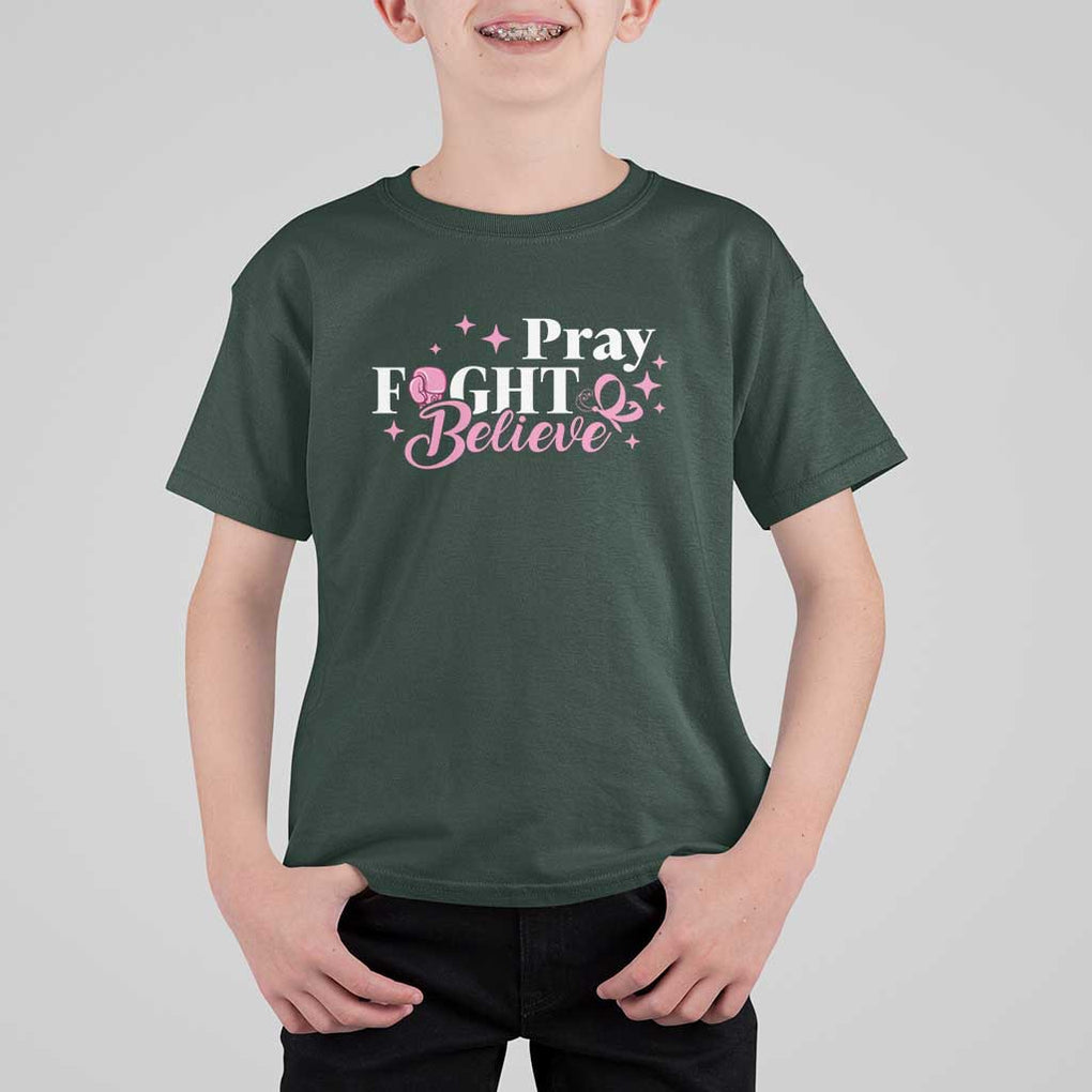 Breast Cancer Awareness T Shirt For Kid Pray Fight Believe Boxing Glove Pink Ribbon Butterfly TS11 Dark Forest Green Print Your Wear
