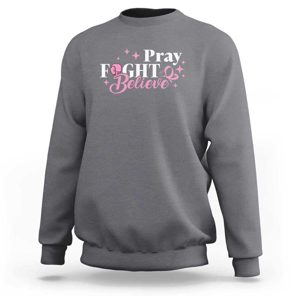 Breast Cancer Awareness Sweatshirt Pray Fight Believe Boxing Glove Pink Ribbon Butterfly TS11 Charcoal Print Your Wear