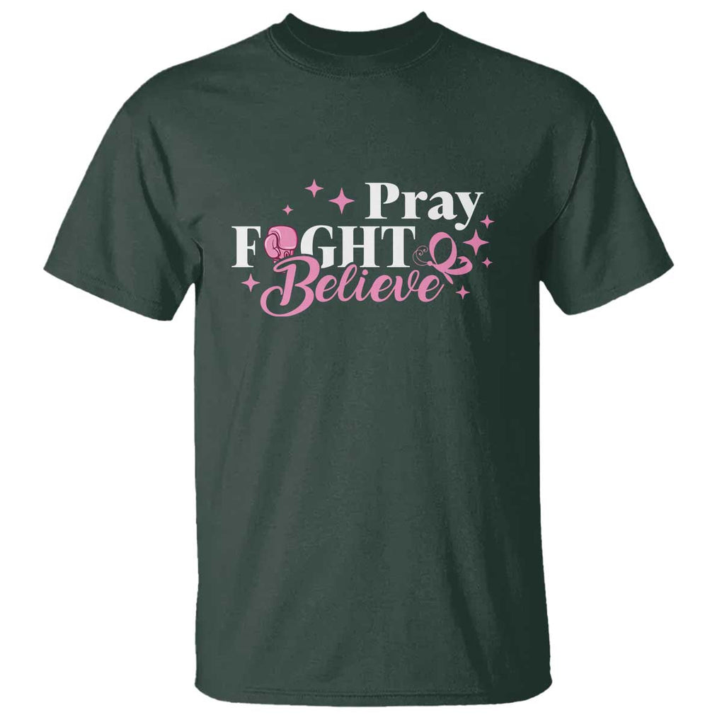 Breast Cancer Awareness T Shirt Pray Fight Believe Boxing Glove Pink Ribbon Butterfly TS11 Dark Forest Green Print Your Wear