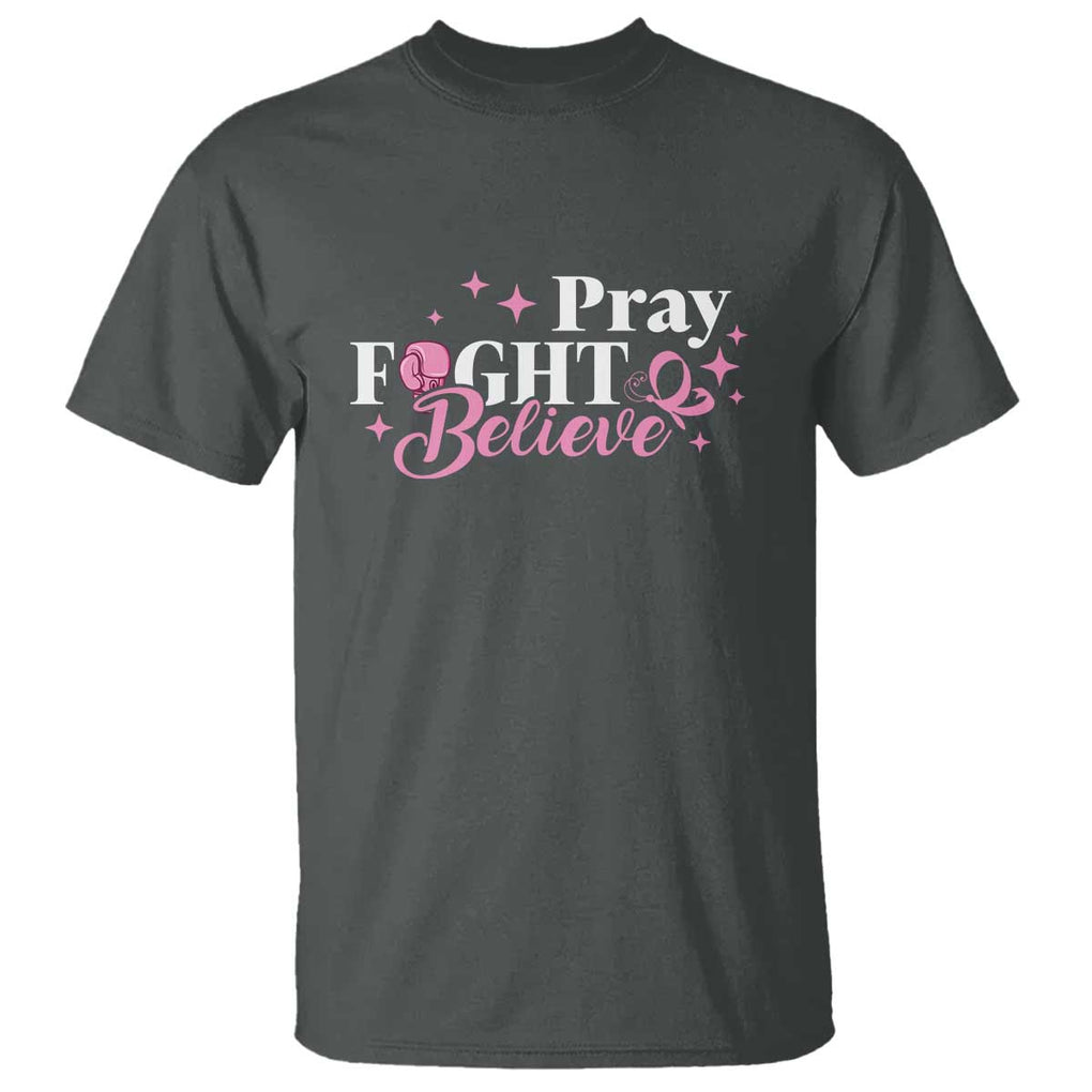 Breast Cancer Awareness T Shirt Pray Fight Believe Boxing Glove Pink Ribbon Butterfly TS11 Dark Heather Print Your Wear