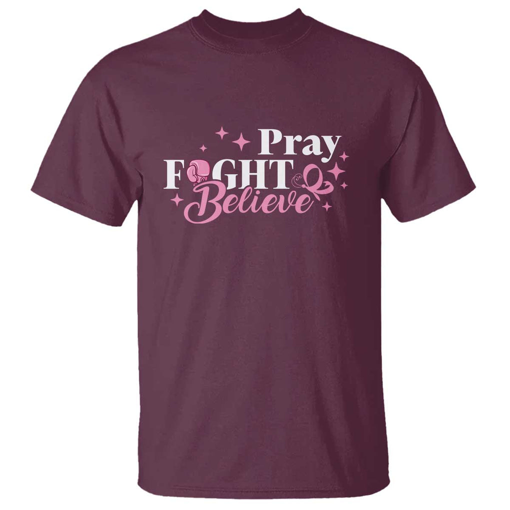 Breast Cancer Awareness T Shirt Pray Fight Believe Boxing Glove Pink Ribbon Butterfly TS11 Maroon Print Your Wear