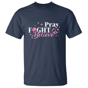 Breast Cancer Awareness T Shirt Pray Fight Believe Boxing Glove Pink Ribbon Butterfly TS11 Navy Print Your Wear