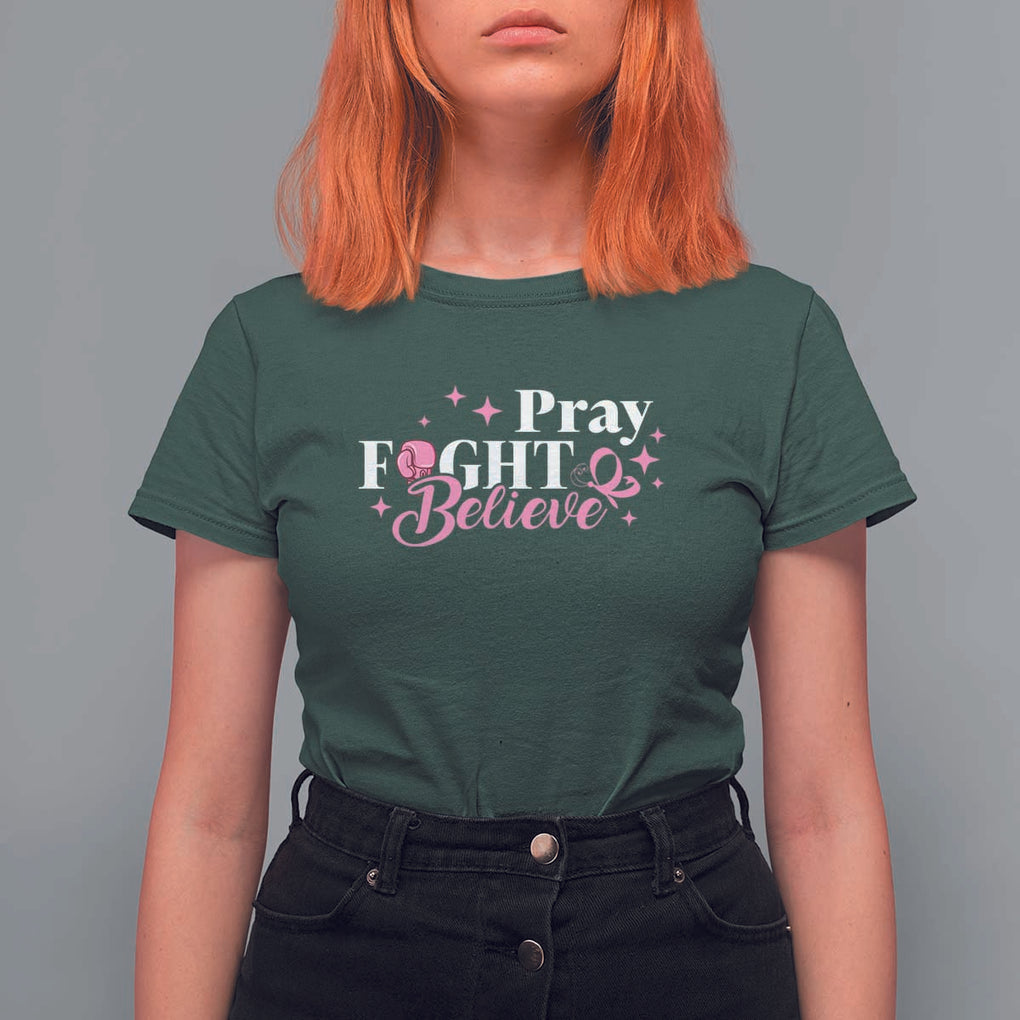 Breast Cancer Awareness T Shirt For Women Pray Fight Believe Boxing Glove Pink Ribbon Butterfly TS11 Dark Forest Green Print Your Wear