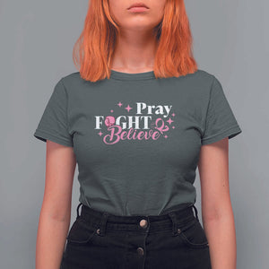 Breast Cancer Awareness T Shirt For Women Pray Fight Believe Boxing Glove Pink Ribbon Butterfly TS11 Dark Heather Print Your Wear