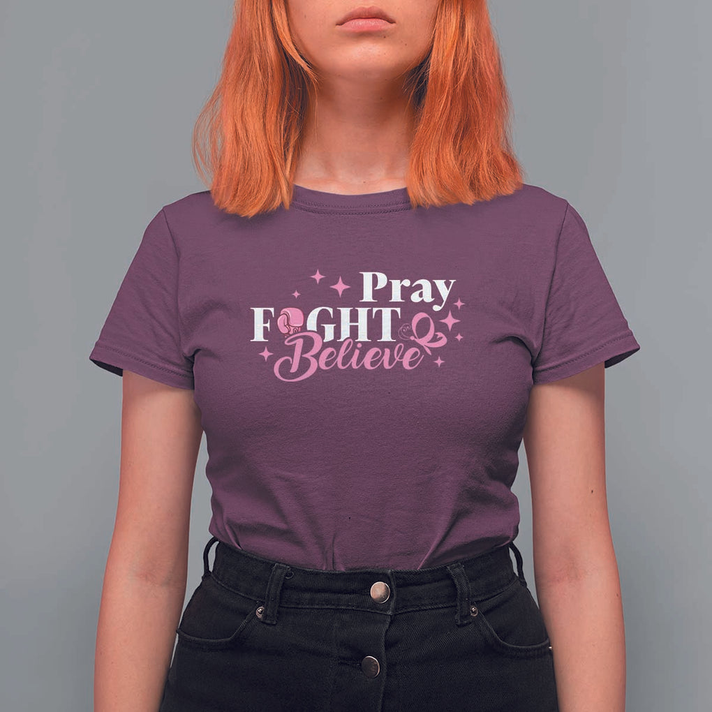 Breast Cancer Awareness T Shirt For Women Pray Fight Believe Boxing Glove Pink Ribbon Butterfly TS11 Maroon Print Your Wear