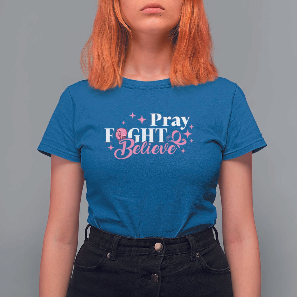 Breast Cancer Awareness T Shirt For Women Pray Fight Believe Boxing Glove Pink Ribbon Butterfly TS11 Royal Blue Print Your Wear