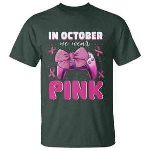 In October We Wear Pink T Shirt Breast Cancer Awareness Game Console Pink Bow TS11 Dark Forest Green Print Your Wear