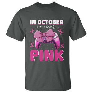 In October We Wear Pink T Shirt Breast Cancer Awareness Game Console Pink Bow TS11 Dark Heather Print Your Wear