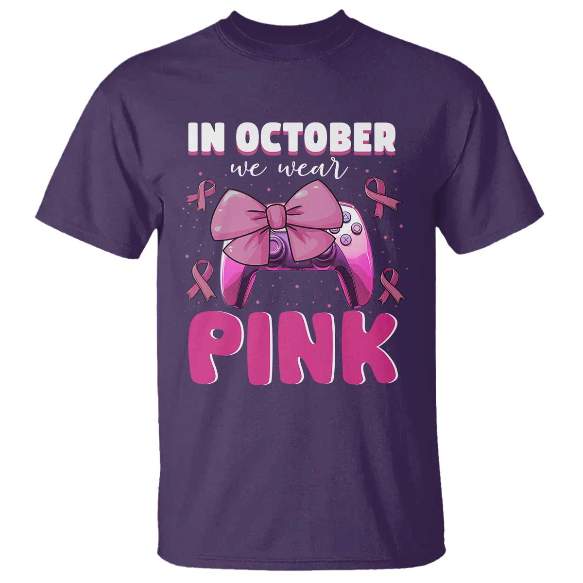 In October We Wear Pink T Shirt Breast Cancer Awareness Game Console Pink Bow TS11 Purple Print Your Wear