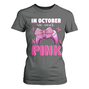 In October We Wear Pink T Shirt For Women Breast Cancer Awareness Game Console Pink Bow TS11 Dark Heather Print Your Wear