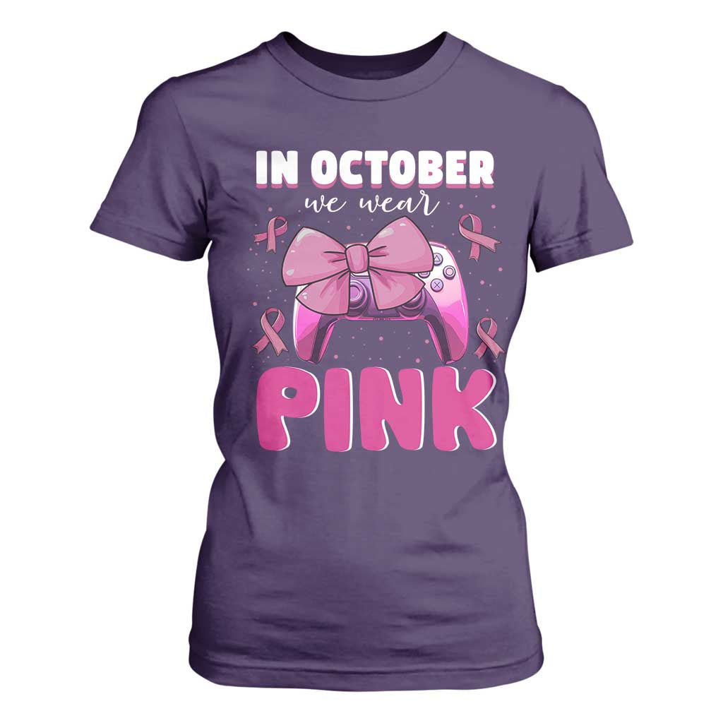 In October We Wear Pink T Shirt For Women Breast Cancer Awareness Game Console Pink Bow TS11 Purple Print Your Wear