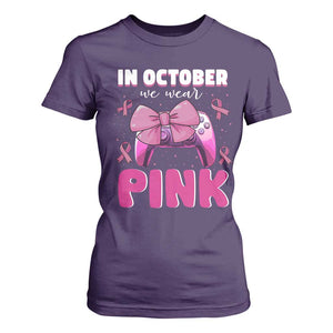 In October We Wear Pink T Shirt For Women Breast Cancer Awareness Game Console Pink Bow TS11 Purple Print Your Wear