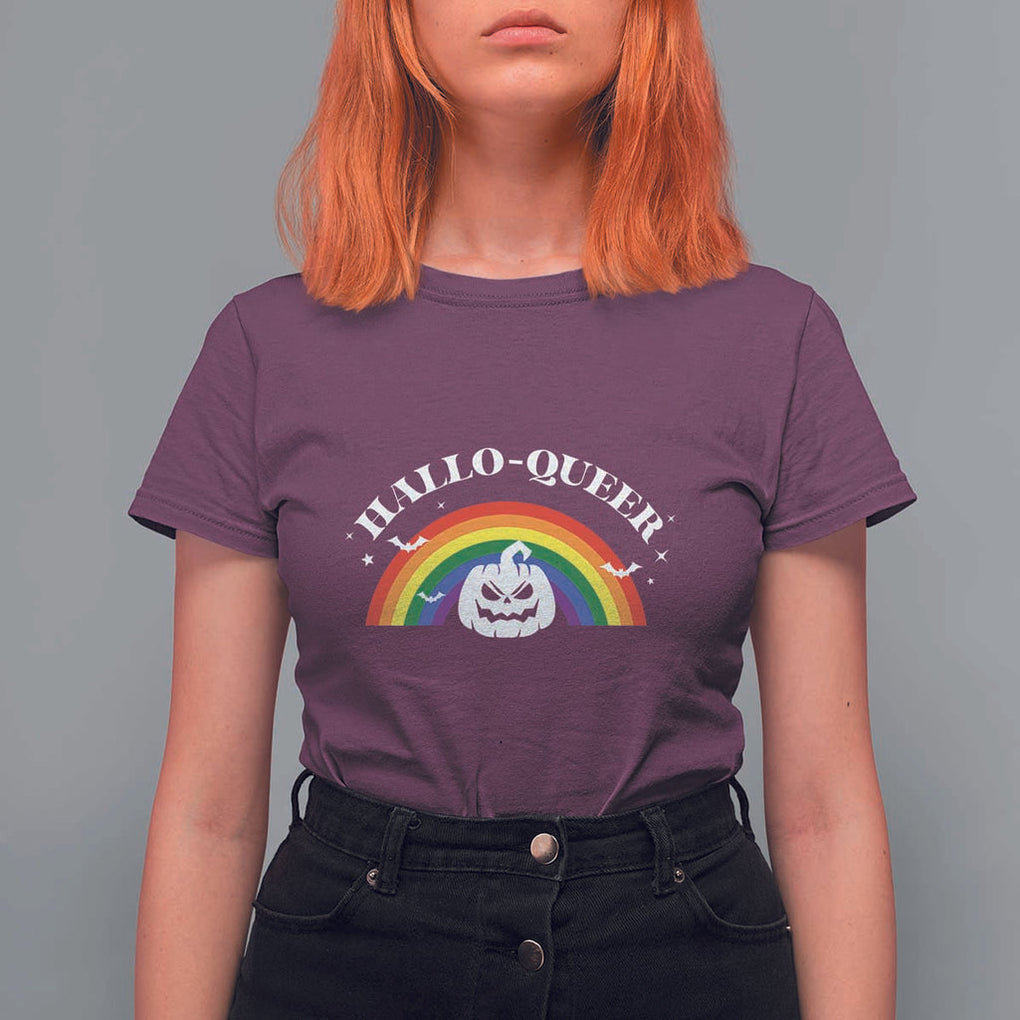 Halloween LGBT T Shirt For Women Hallo Queer Halloween Rainbow Pumpkin TS11 Maroon Print Your Wear