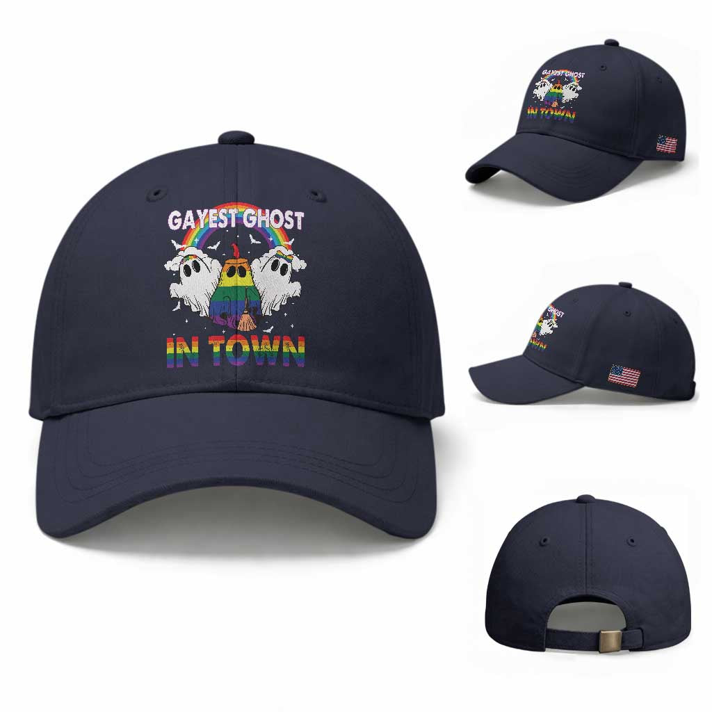 Funny Halloween LGBT Baseball Cap Gayest Ghost In Town Rainbow Flag TS11 Baseball Cap Universal Fit Navy Print Your Wear
