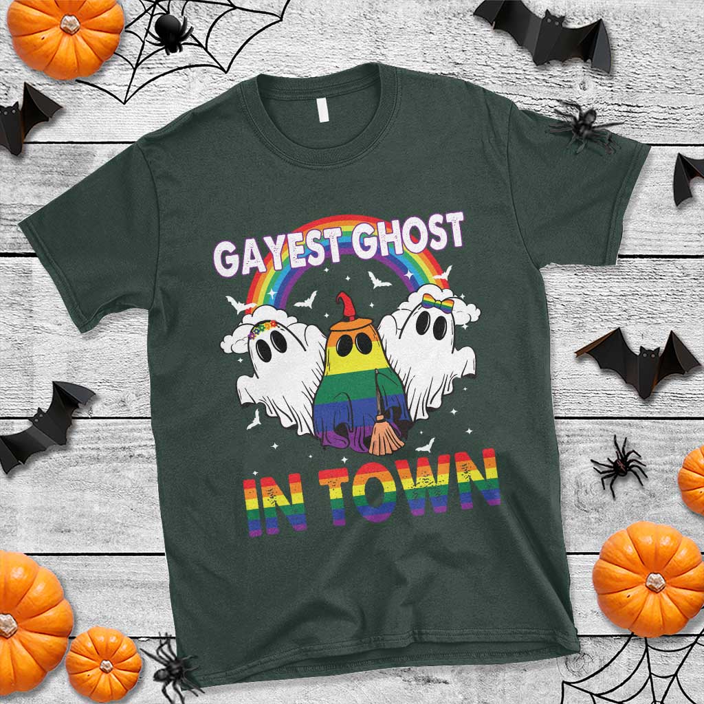 Funny Halloween LGBT T Shirt Gayest Ghost In Town Rainbow Flag TS11 Dark Forest Green Print Your Wear