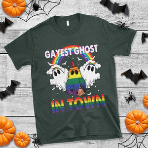 Funny Halloween LGBT T Shirt Gayest Ghost In Town Rainbow Flag TS11 Dark Forest Green Print Your Wear