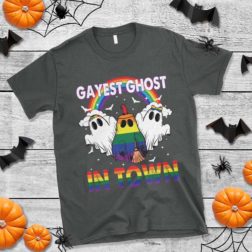 Funny Halloween LGBT T Shirt Gayest Ghost In Town Rainbow Flag TS11 Dark Heather Print Your Wear