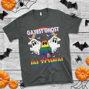 Funny Halloween LGBT T Shirt Gayest Ghost In Town Rainbow Flag TS11 Dark Heather Print Your Wear
