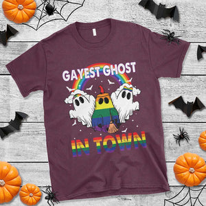 Funny Halloween LGBT T Shirt Gayest Ghost In Town Rainbow Flag TS11 Maroon Print Your Wear
